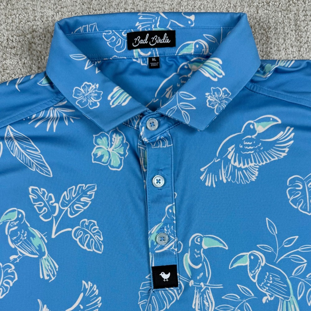 Bad Birdie Mens XL Blue Toucan Tropical Floral Performance Golf Polo Shirt